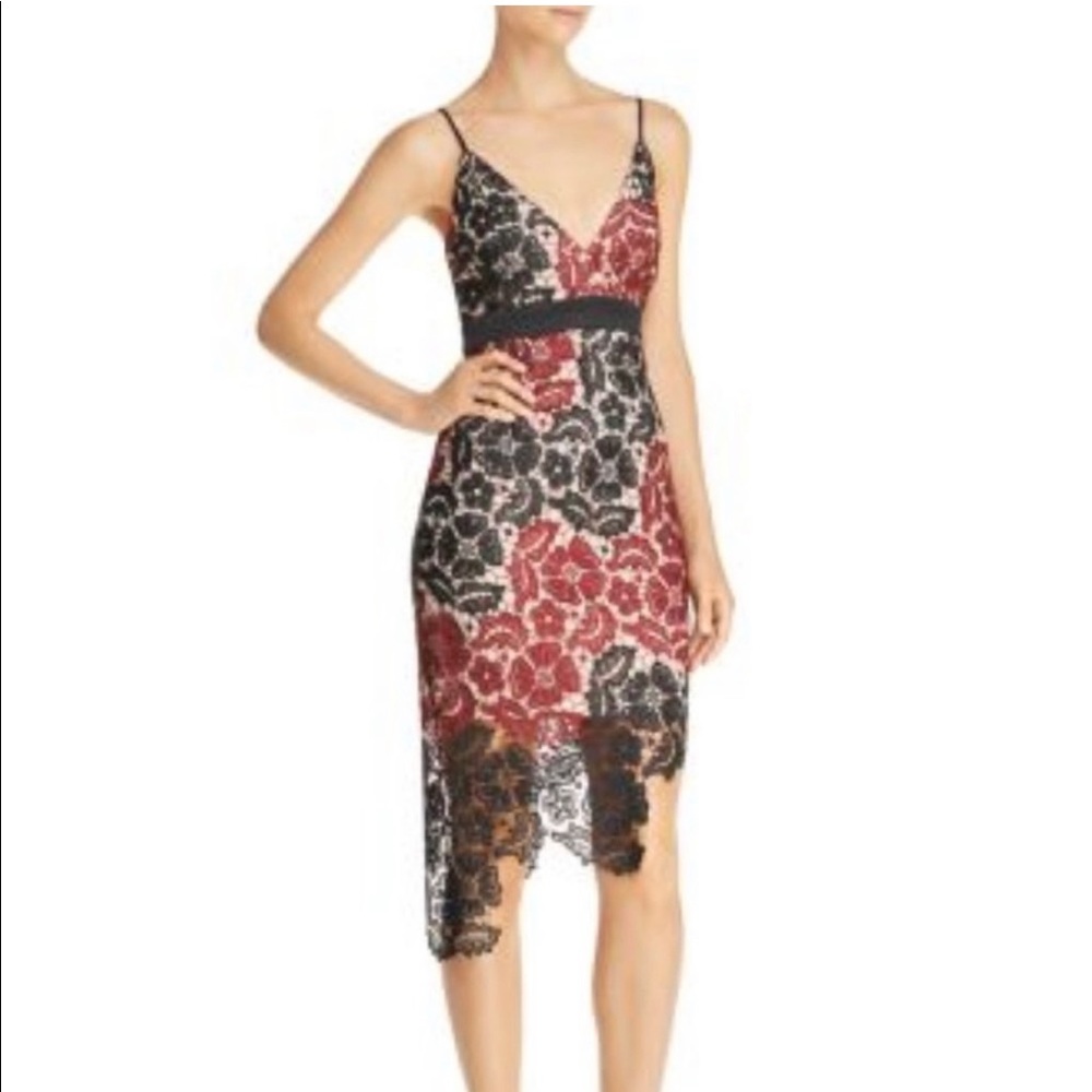EUC Bardot lace tank black wine floral asymmetric hem cocktail 10/L
